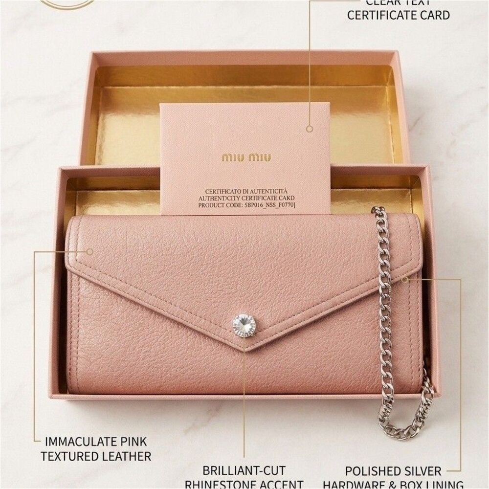 Miu Miu Women's Pink Solid Wallet Rhinestone Accents Designer Accessory